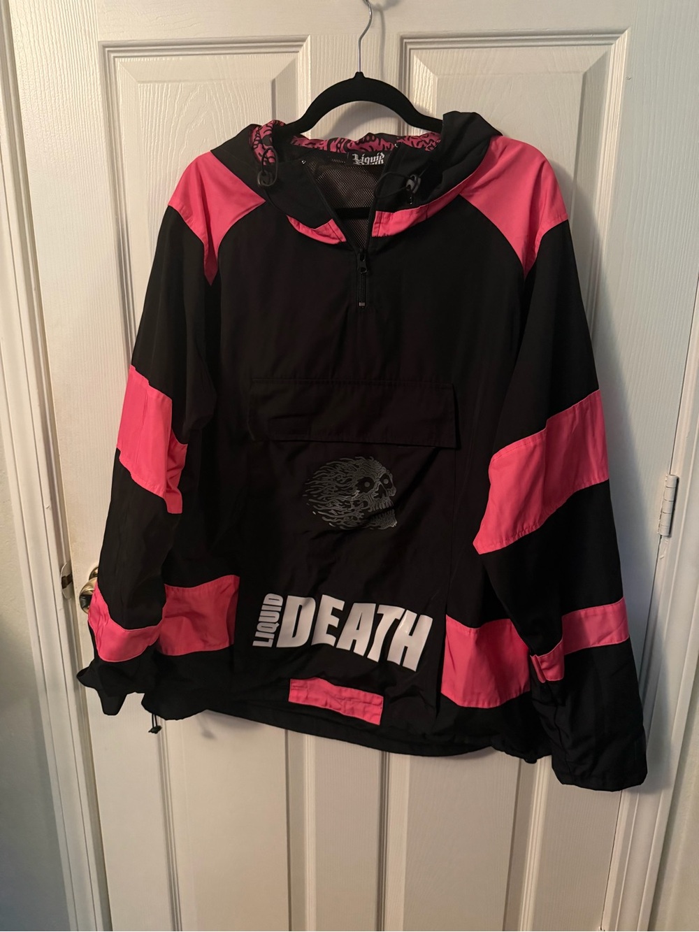 Black and Hot Pink 'Liquid Death' Pullover Anorak